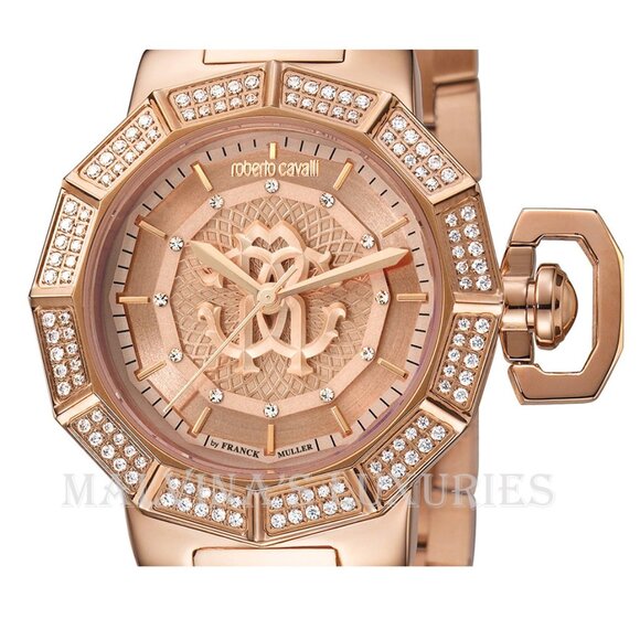 ROBERTO CAVALLI WATCH by FRANCK MULLER 34mm ROSE GOLD TONE LOGO CRYSTALS - Picture 2 of 3